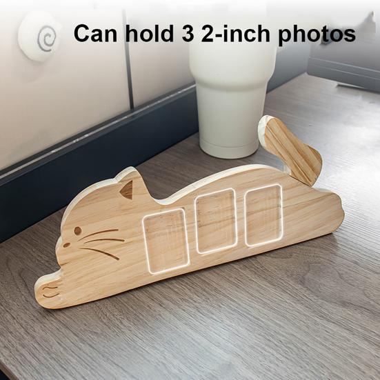 Yousheng Wooden Cat Shape Photo Frame, Rustic Pet Photo Display Frame with Rotatable Tail, Home Office Decorative Picture Holder for 2-inch
