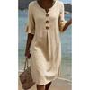 Abito midi da donna bianco effetto lino con scollo a V, bottoni decorativi e maniche a volant