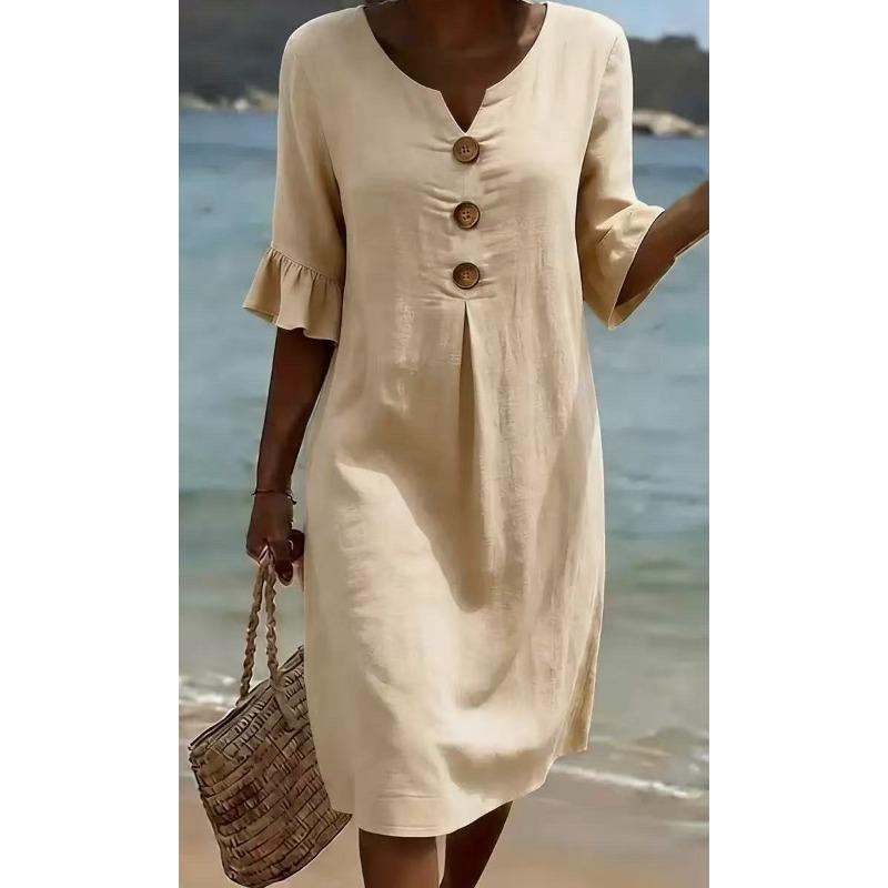 Abito midi da donna bianco effetto lino con scollo a V, bottoni decorativi e maniche a volant