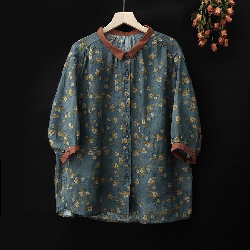 Damen Sommer Baumwolle und Leinen Kurzarmanzug Koreanische Version Bedrucktes Retro-Oberteil + Hose Zweiteiliger Anzug Damen