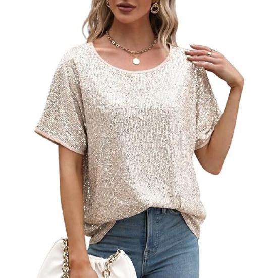 Women Tops Round Neck Short Sleeve Loose Fit Tee Shirt Sparkling Sequins Casual Shirt Versatile Summer Tops