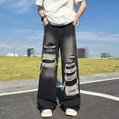 Jeans d'été pour hommes style rétro américain déchiré à jambes larges - Délavé, vieilli, coupe ample, style streetwear.