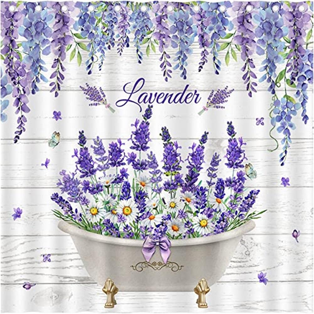 Purple Lavender Shower Curtains Rustic Farmhouse Watercolour Lilac Floral Rustic Wood Panel Plant Polyester Home Bathroom Decor