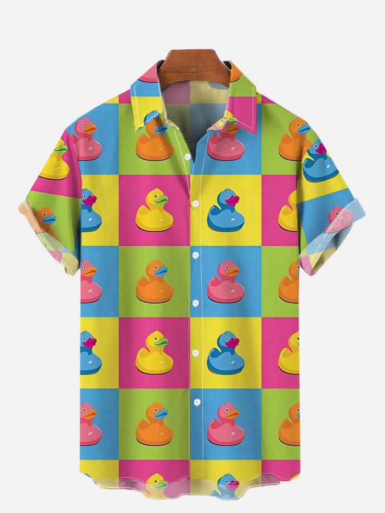 Unisex Herrenhemden 3D-Drucke Patchwork Cartoon Niedliche Entenbedrucktes Kurzarmhemd Mode Hawaiianische Hemden Für Männer Harajuku 5XL blue