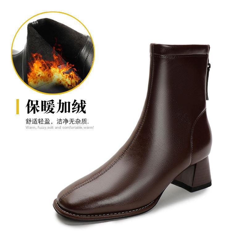 

Женские короткие ботинки с квадратным носком, весенне-осенние одинарные ботинки, новые ботинки осень-зима 2025, мягкая кожа, задняя молния, средний каблук, средняя голенище, тонкие 39