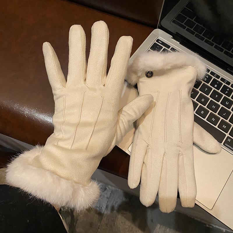 Suede Brown Plush Gloves Women's Autumn and Winter Thickened Plush Warm and Cold Outdoor Riding Gloves
