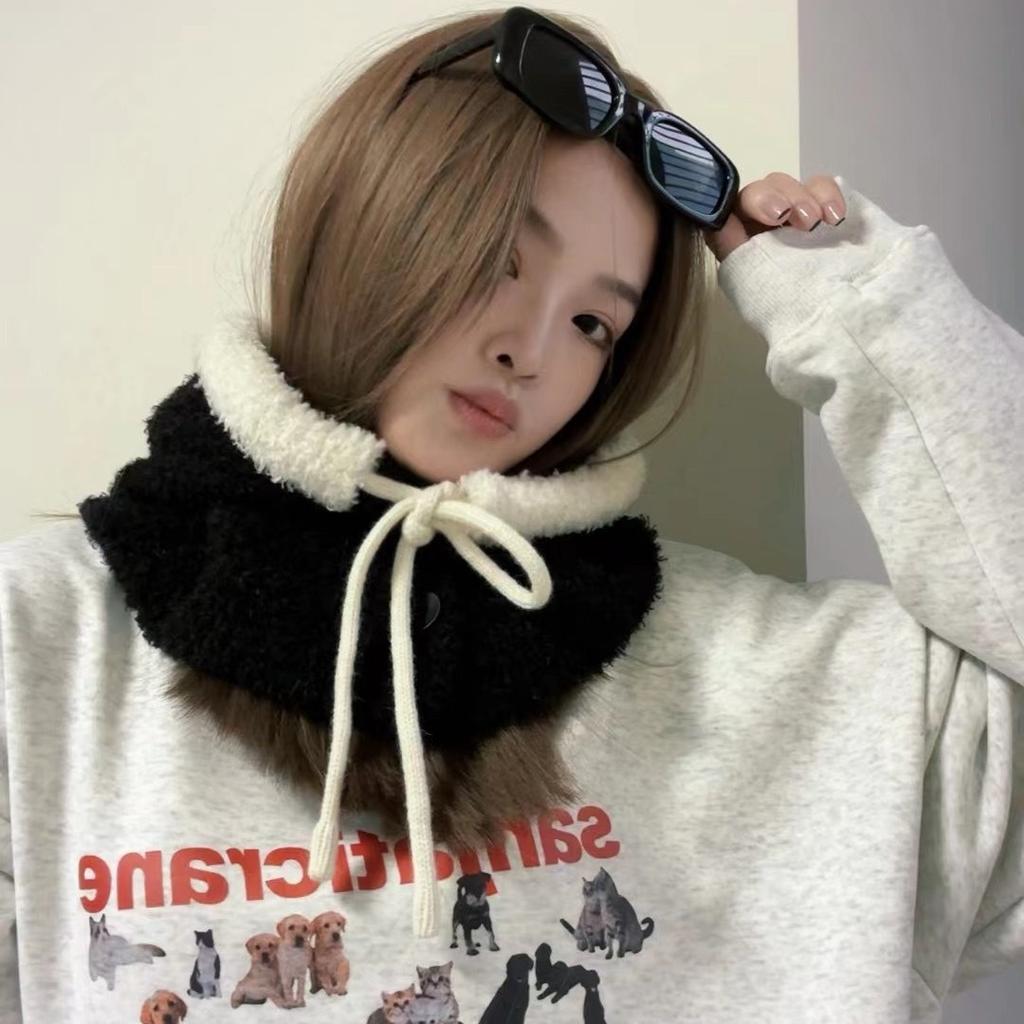 Two-color Spliced Plush Balaclava Hat Women's Winter Drawstring Warm Windproof Ear Protector Neck Pullover Hat