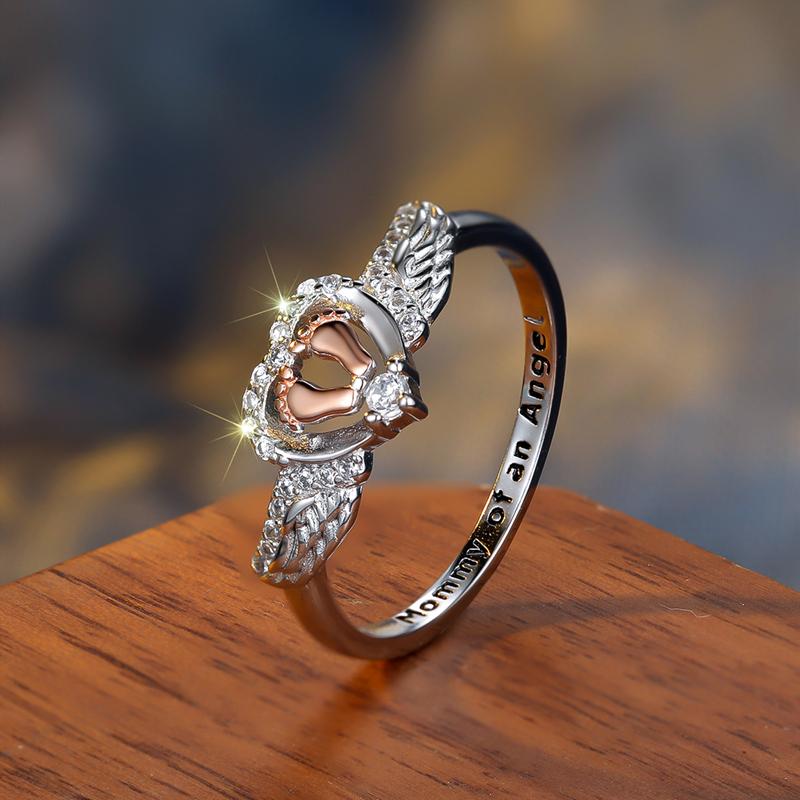 Real 925 Sterling Silver Angel Wings Baby Feet Rings for Women Jewelry Best Gift for Mother