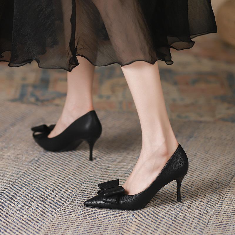 Korean Style Temperament High Heels  Spring New Fashion Pointed Stiletto Shoes Shallow Mouth Bowknot Shoes