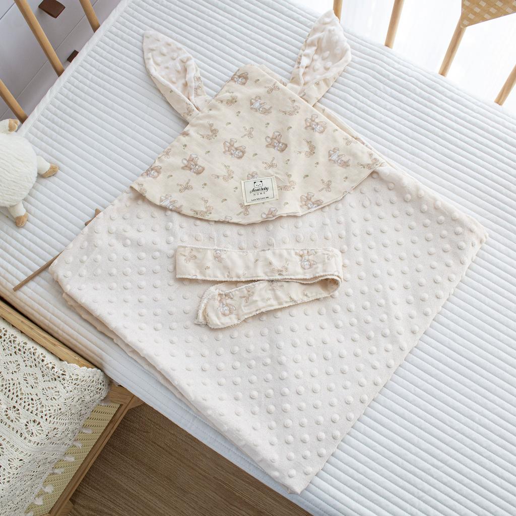 Dvouvrstvá gázová fazolová čepička s potiskem pro novorozence, dlouhé uši, zavinovačka do porodnice, držení jednotlivě, silné novorozenecké dítě