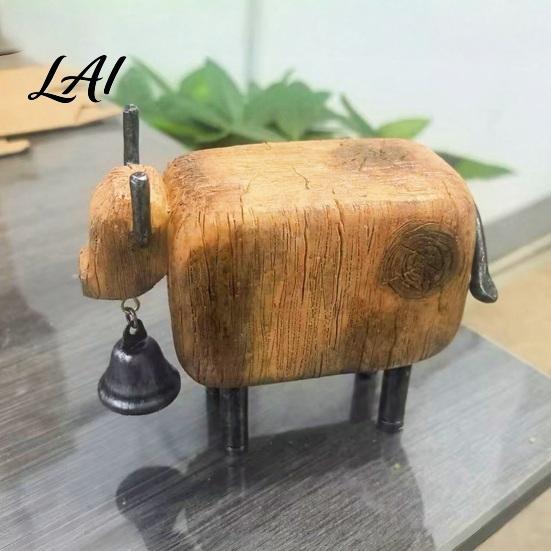 Cute Sheep Statue for Entryway Rustic Figurine with Bell Faux Wood Resin Farmhouse Lamb Statue Stable Sculpture Table Vintage Country Style Desktop