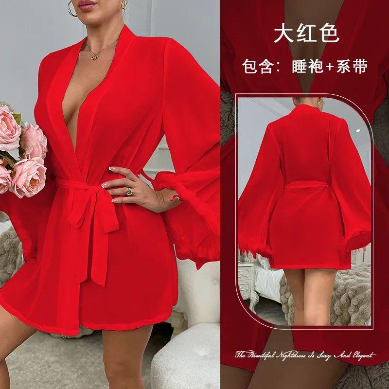 

New Arrival Breathable Chiffon Nightgown/See-through Bathrobe/Sexy Deep V Outerwear Gown/Feather Patchwork Temptation Sexy Sleepwear Red L