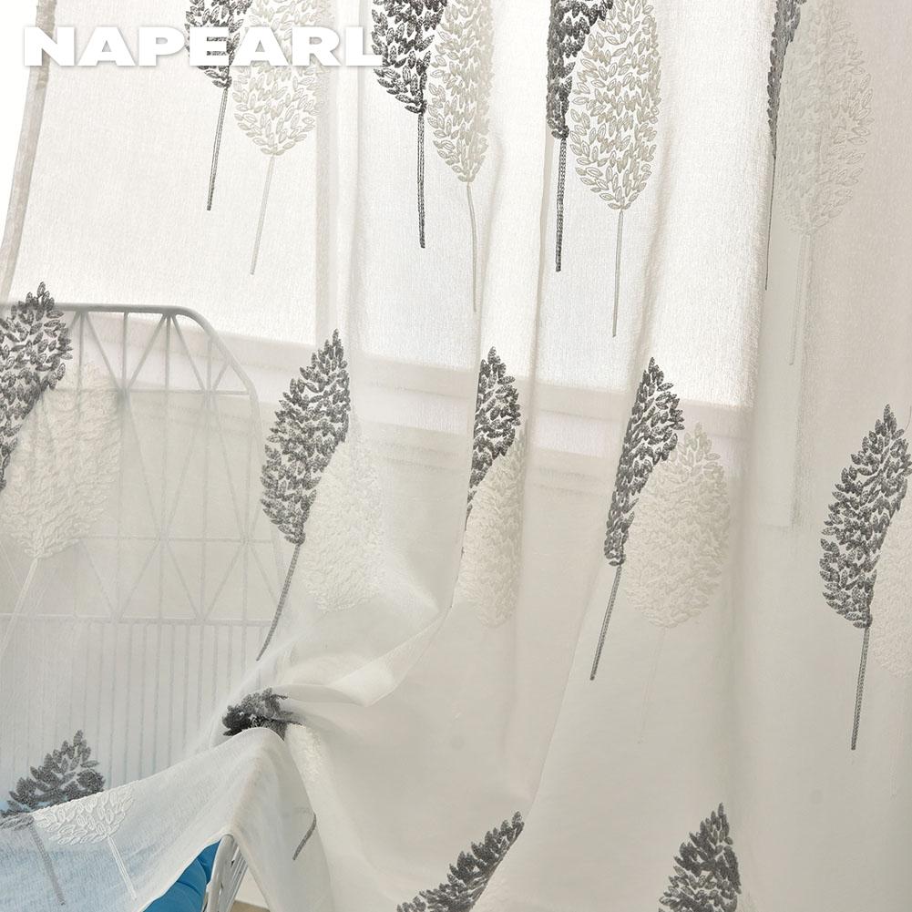 1PC NAPEARL 10%-20% Shading White Transparent Floral Embroidered Grey Leaves Tulle Sheer Voile Curtain for Living Room Bedroom