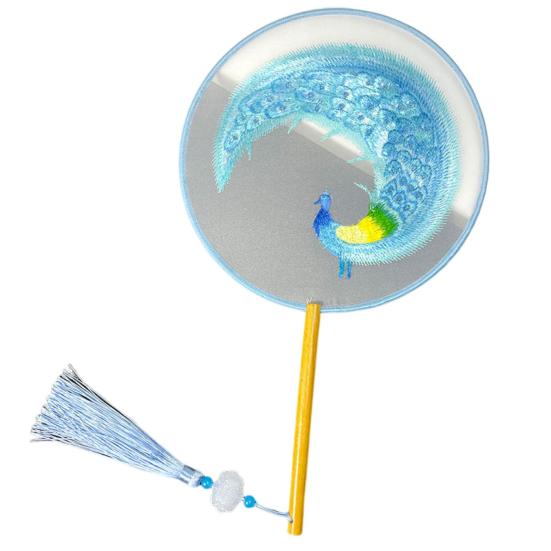 

Китайский вышитый круглый веер с павлинами, цветком панды, бамбука, винтажный ручной веер, двухсторонняя вышивка, дворцовый веер в старинном стиле с кисточкой A