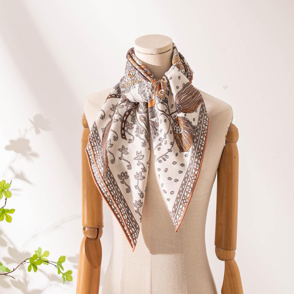 Exotic Knight Silk Wool Square Scarf: Elegant Double-Sided Print, Sun Protection & Neck Warmer
