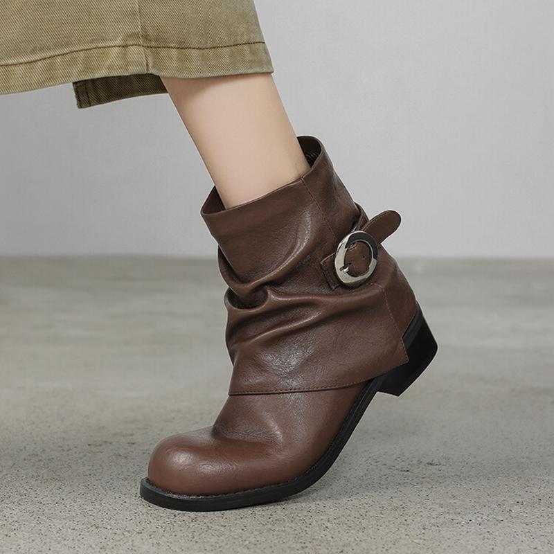 Fashion NEW Autumn Women Boots Split Leather Shoes for Women Round Toe Chunky Heel Shoes Zipper Short Pants Boots Buckle Modern Boots