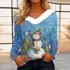 Women's Christmas Printed Long Sleeved Party Plush Neck V-neck Top