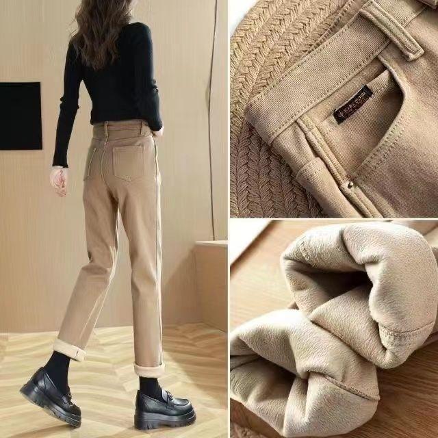 Spring Winter Plus Velvet Women Jeans Button High Waist Solid Pants Pockets Thicken Fashion Casual Straight Trousers