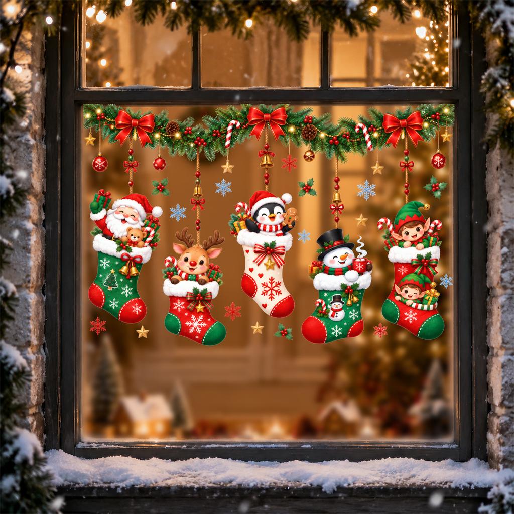 Christmas Window Stickers Holiday Decoration Static Cling Window Sticker Xmas Decor Snowman Santa Wall Decal