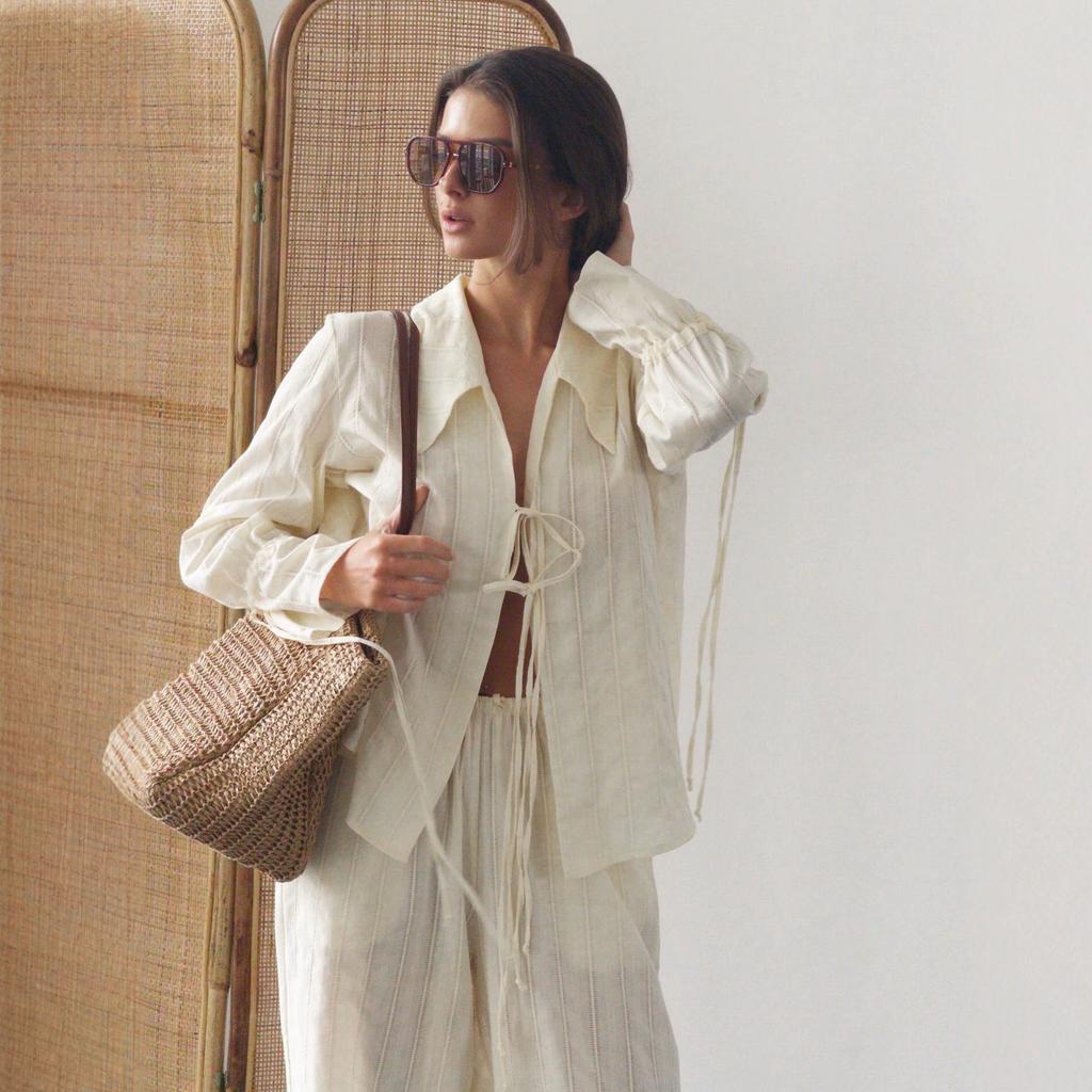 Casual lace-up jacquard suit women's 1116 summer vacation loose shirt wide-leg trousers two-piece set women's clothing