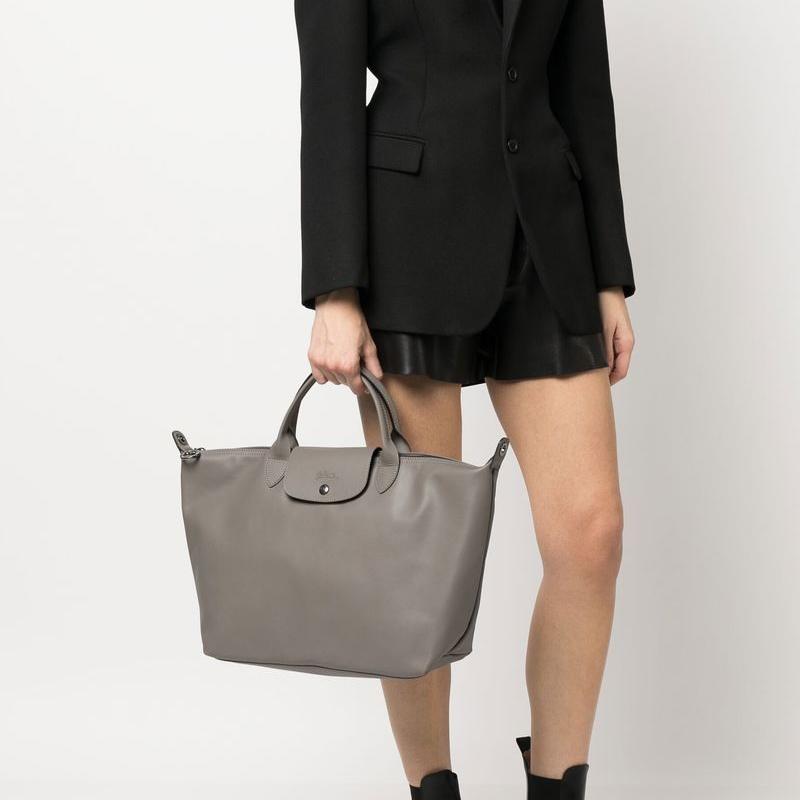 Longchamp Le Pliage Minimalist Elegant Snap Button Zipper Closure Leather Shoulder Crossbody Tote Bag Large Women Handbags Gray 10201987P55