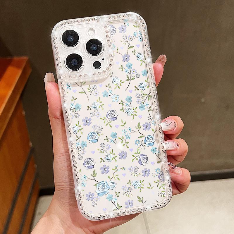 Floral Pattern Clear Shockproof Phone Case For iPhone 16E 16 Pro Max 15 Pro 14 13 12 11 Diamond Frame Anti-Fall Soft Silicone Bumper Cover