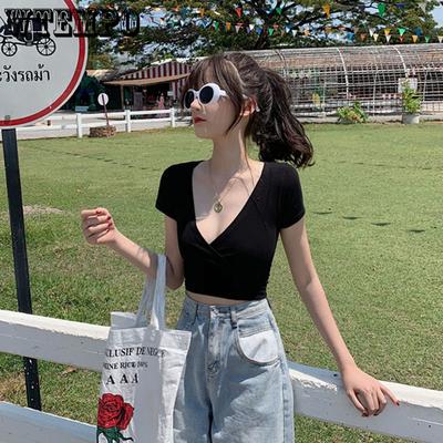Dámské letní tričko s krátkým rukávem a hlubokým výstřihem do V, nízkým střihem, korejská verze, slim crop top, módní jednobarevné tílko