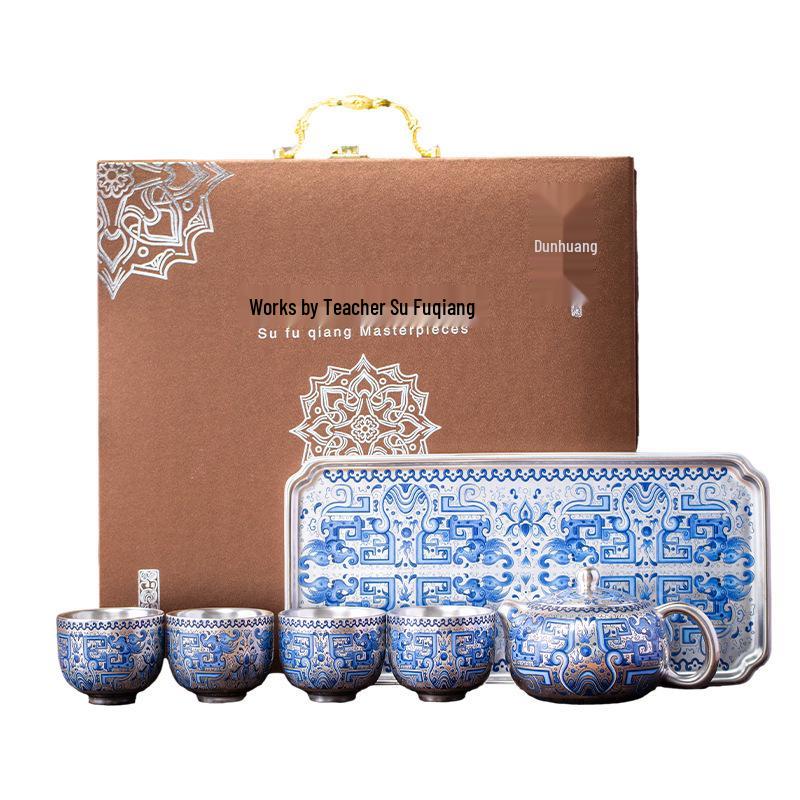 2025 Silver-Plated Ceramic Gongfu Tea Set with Teapot and Cups in Gift Box