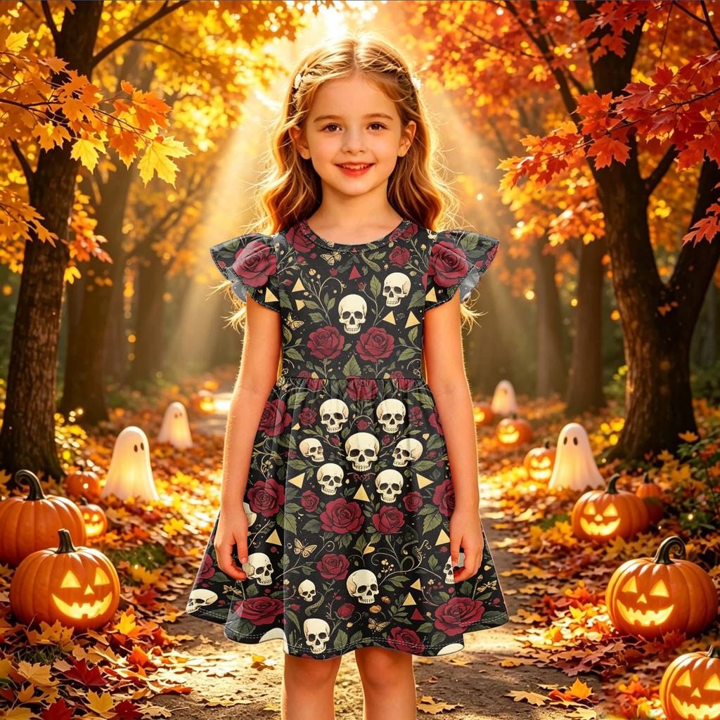 Girls Halloween Print Dress Casual Sleeve Party Dress for Children Holiday Outfit
