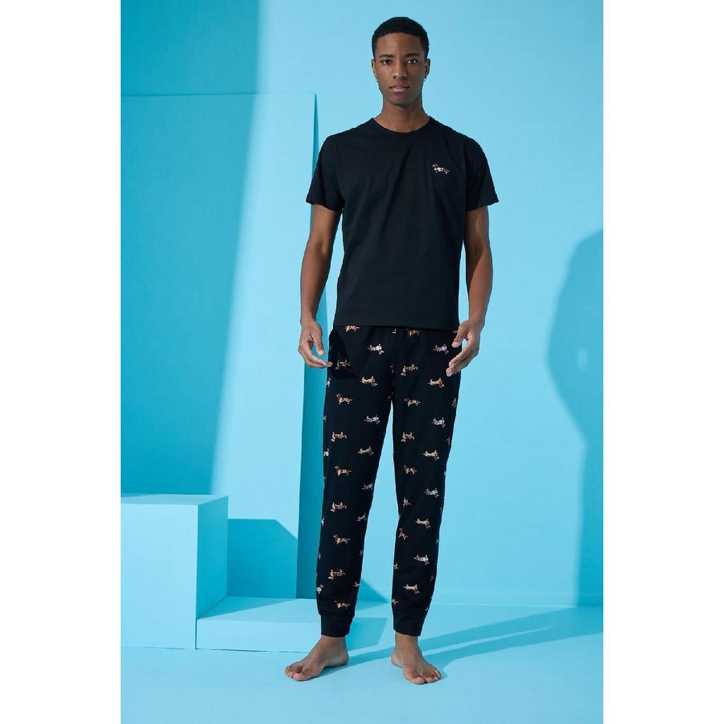 Kurzärmliges Herren-Pyjama-Set mit Dogg-Print in Schwarz