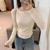 Retro front shoulder long-sleeved T-shirt women's spring new waist pleated bottoming shirt versatile simple top