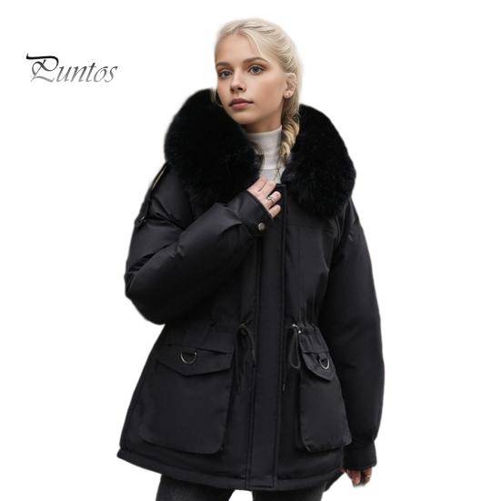 Winter Women Cotton Jacket Furry Hood Thickened Plush Long Sleeves Elastic Waist Pockets Zipper Closure Coat Mid Length Windproof Warm Down Coat