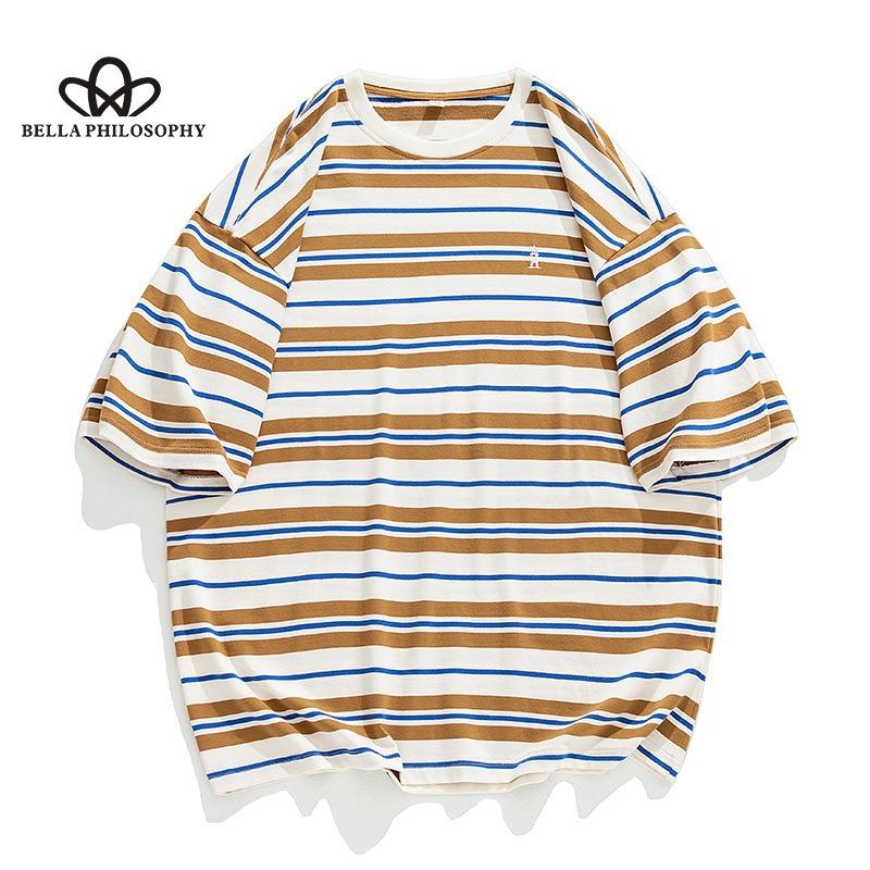 

Мужская красочная полосатая футболка в стиле ретро, ​​мужская весна и лето, новые свободные универсальные модели для пар, рубашка с короткими рукавами XXXL оранжевый