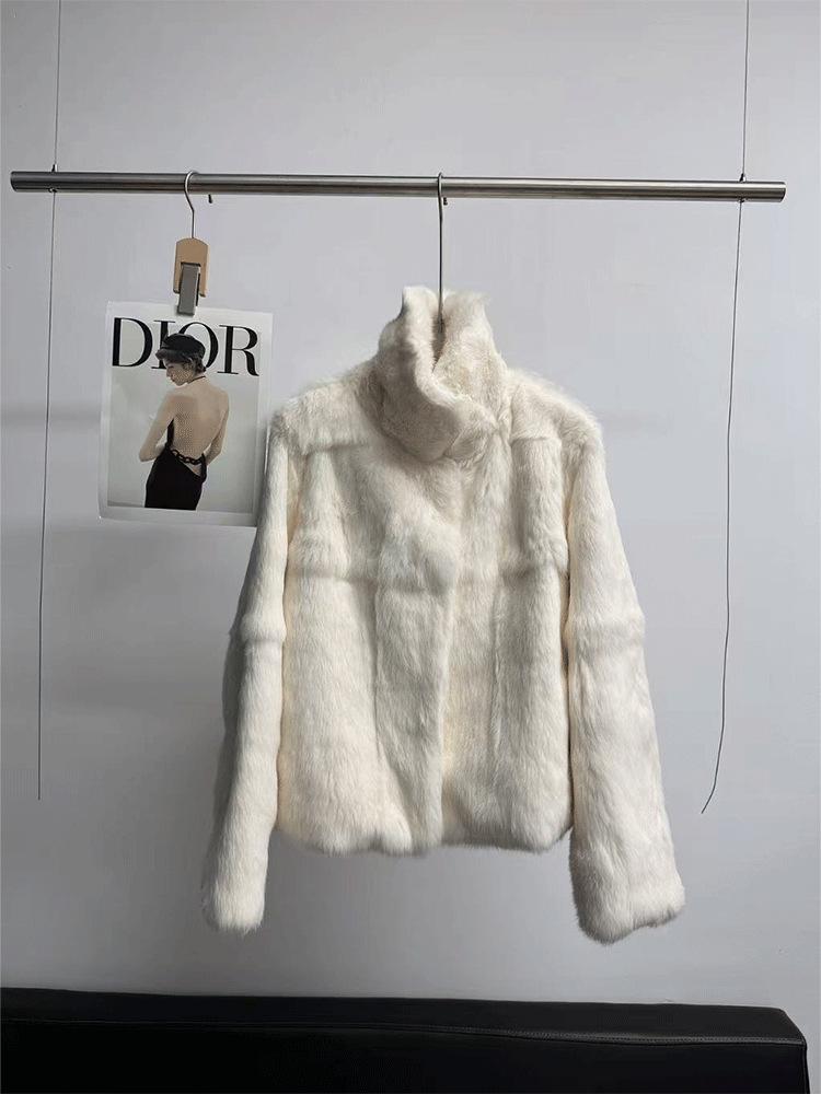 Women's Fashionable Two-Tone Real Rabbit Fur Collar Coat - 2025 Casual Short Style