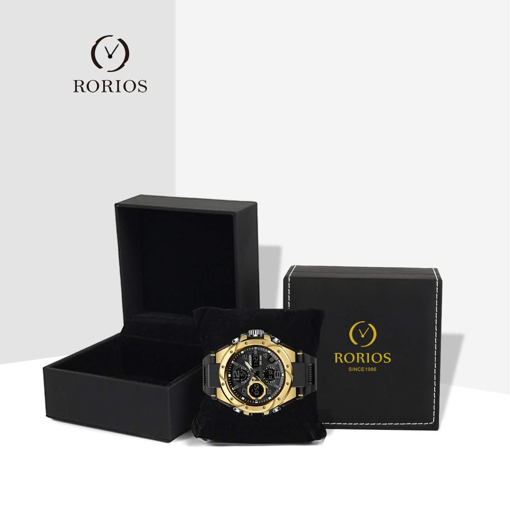 RORIOS Men's Analog-Digi Watch with Chronograph, Stopwatch, Date Display, Day of the Week Display, Waterproof, LED Luminous Display, Multi-Function,