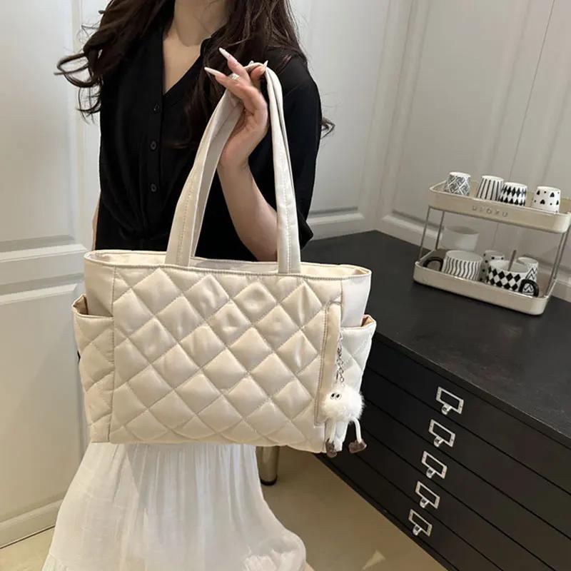 Large Capacity Rectangular Single Shoulder Bag Korean Style Commuter Tote Handbag for Women Lightweight Casual Cotton
