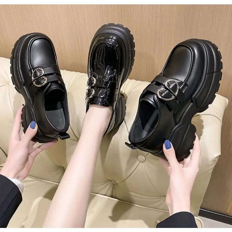 Fashion 2024 Autumn Loafers Women High Platform 7CM Shoes Women's Thick Sole PU Leather British Metal Buckle Simple Mary Jane Shoes