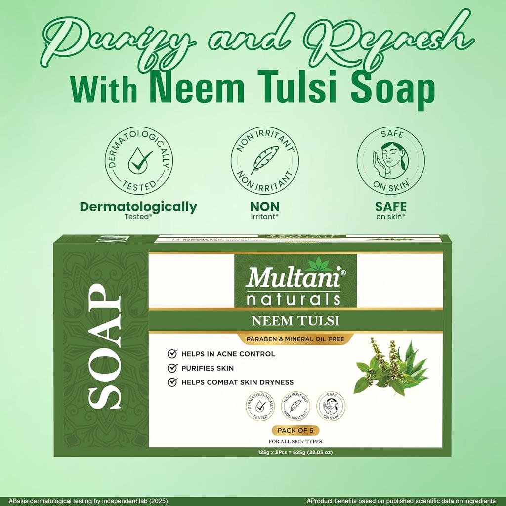Multani Naturals Neem Tulsi Soap Bar For Deep Cleansing Moisturizing Glow Skin Care For Men Women 125 Gm Pack Of 5 Pcs