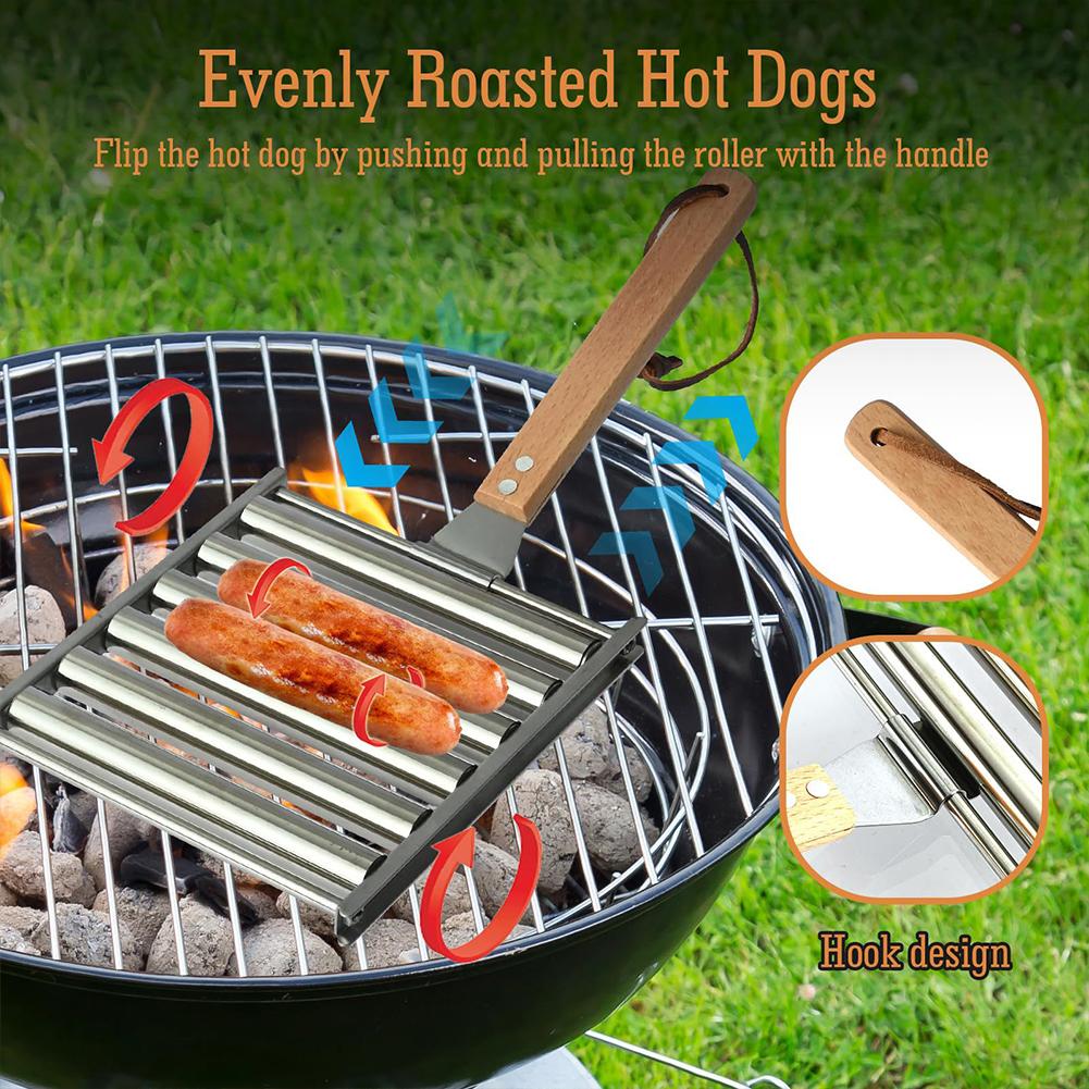 LF# Hot Dog Roller with Wood Handle Stainless Steel Griller Grill Accessories (M