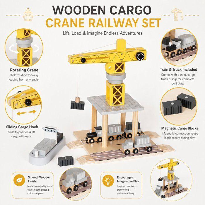 Grue en Bois GINGER HOME pour Enfant, Ensemble avec Train, Camion et Bateau, 28x20x45 cm