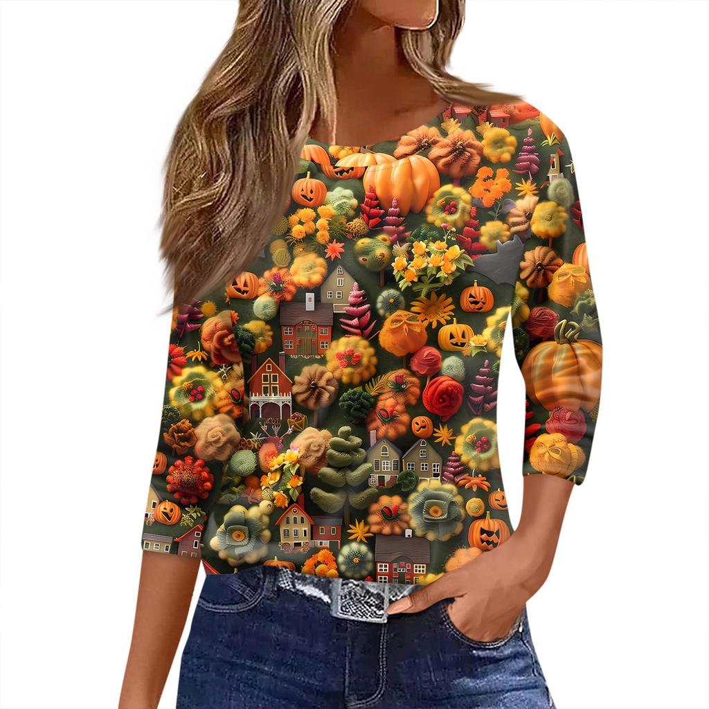 Women's T Shirt Halloween Print 3/4 Sleeve Daily Fashion Basic Round Neck Regular Top