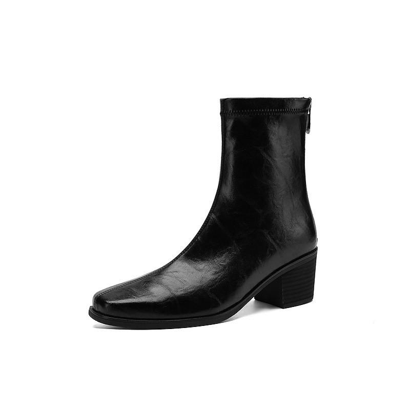 5.5cm Chunky Heel Ankle Boots Women Square Toe Back Zip Stretch Slim Fit Fall Winter