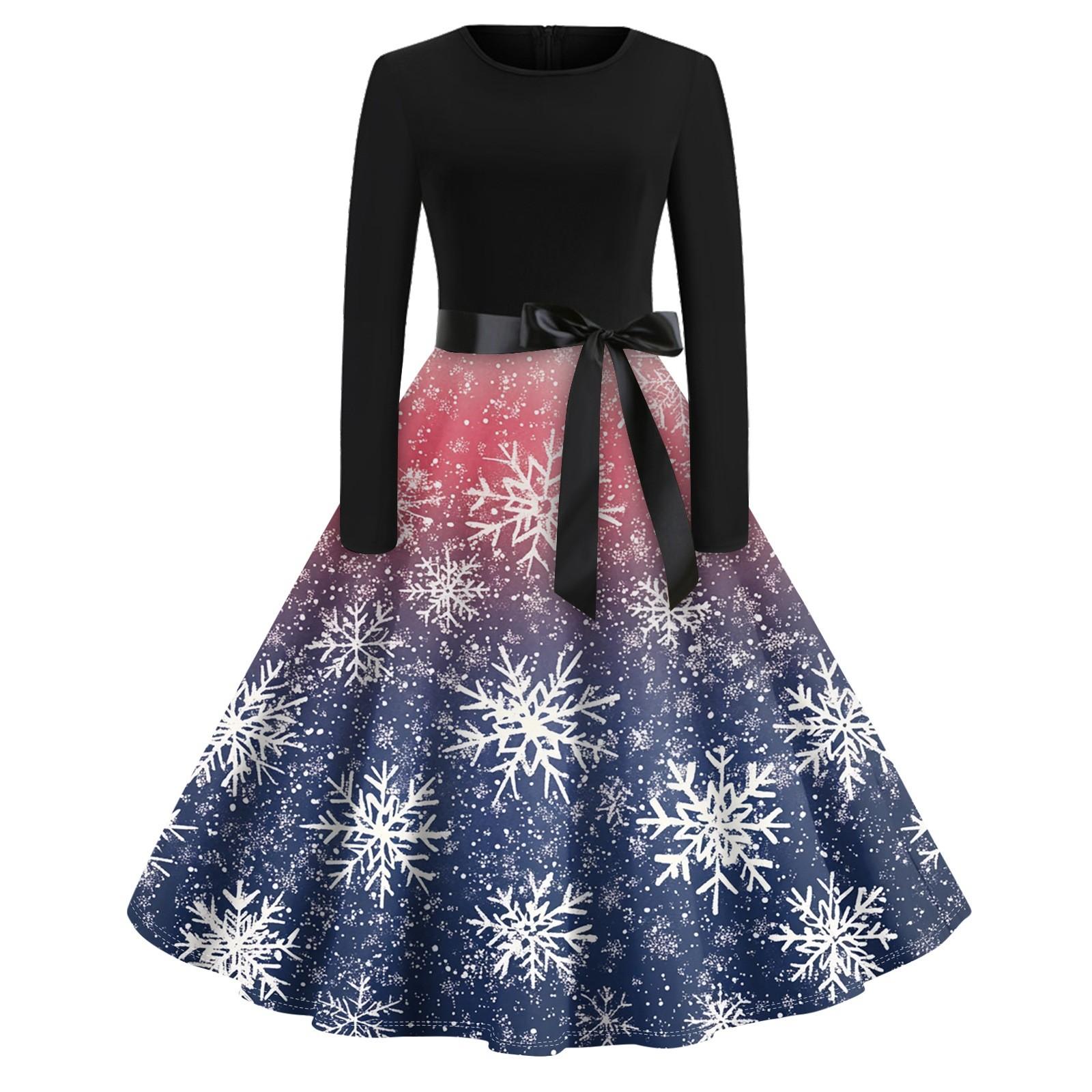 

Женское винтажное классическое платье с длинным рукавом и рождественским принтом, свободное платье с круглым вырезом L синий