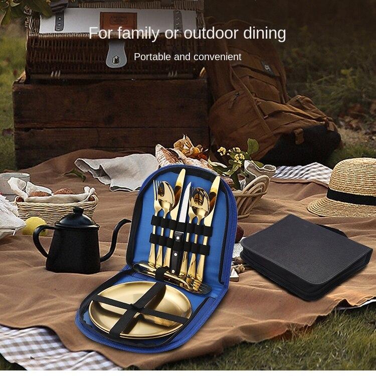 Stainless Steel Tableware, Western Cuisine, Steak, Knife, Fork, Spoon, Plate Set, Outdoor Camping, Portable Bag Set