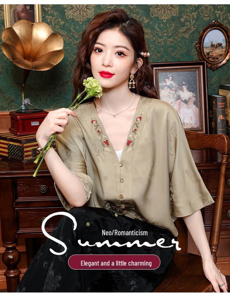 Frühling 2024 Damen Retro Chinesischer Stil Bestickte Kunstseide Tang Bluse