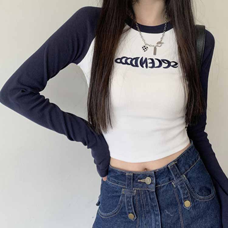 Letter Print T-Shirt Women Spring Long Sleeve Patchwork Tops Retro Contrast Color Crop Top Hot Girl Skinny Y2K