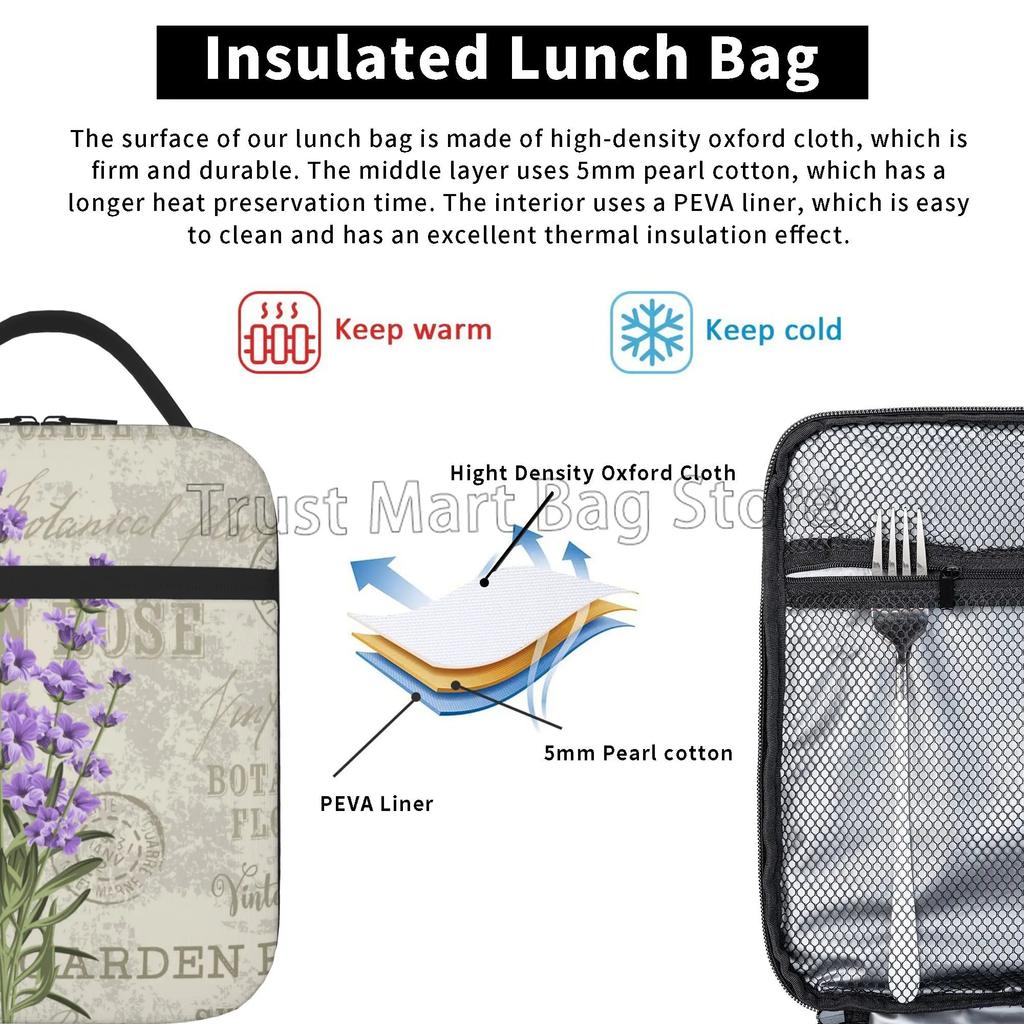 Vintage Lavender Flowers Insulated Lunch Box Reusable Portable Lunch Bag Durable Cooler Bento Tote for Women Work Travel Picnic