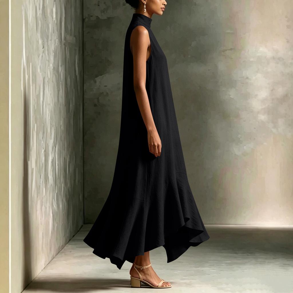 Damen ärmellos hoher Kragen lässig lockere Passform Midi-Kleid weicher Stoff entspannte Silhouette stilvoll für den Alltag