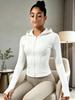 Women's White Hooded Zip-Up Yoga Jacket - Slim Fit, Long Sleeve, Free Shipping