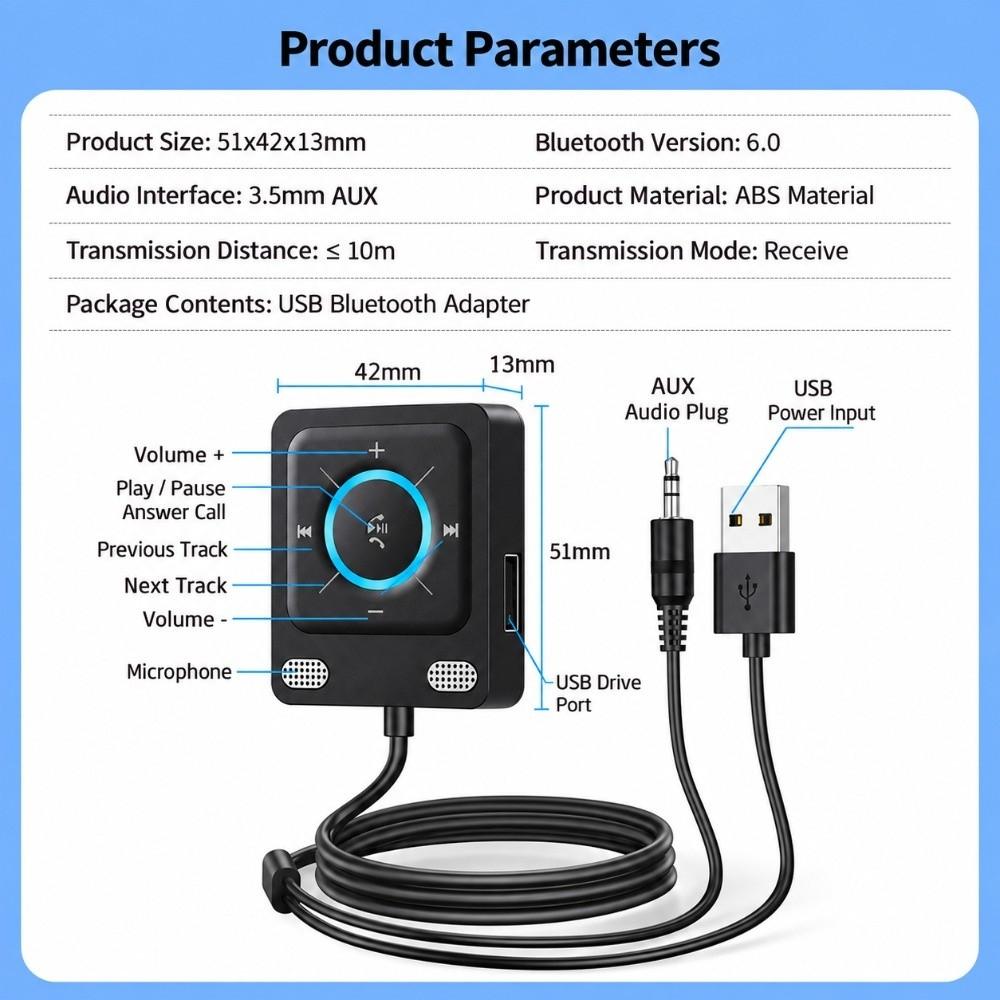 Dual Device Car AUX Adapter Bluetooth 6.0 Hands-Free Car Kit USB Music Player Music Streaming